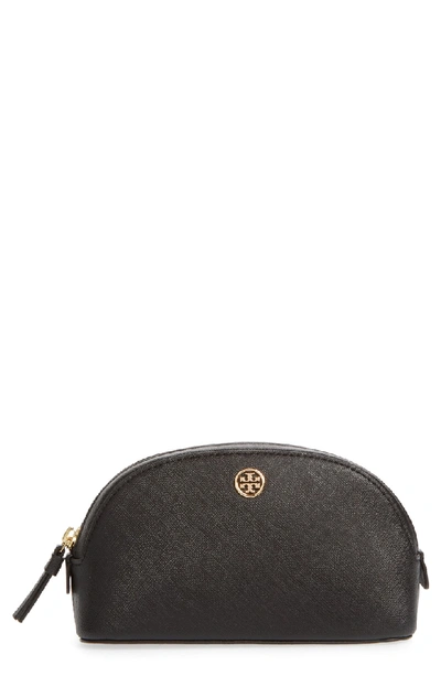 Shop Tory Burch Robinson Small Leather Cosmetic Bag In Black / Royal Navy