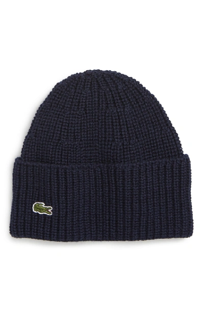 Shop Lacoste Ribbed Wool Beanie - Blue In Navy Blue