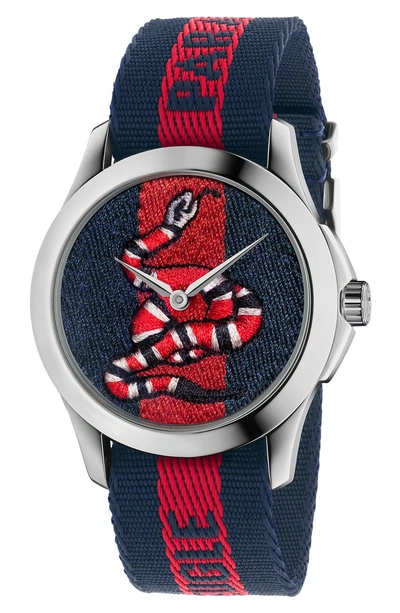 Shop Gucci Le Marche Des Merveilles Nylon Strap Watch, 45mm In Blue/ Red/ Snake