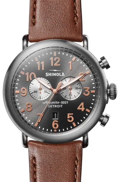 Shop Shinola The Runwell Chrono Leather Strap Watch, 47mm In Dark Cognac/ Gunmetal/ Grey