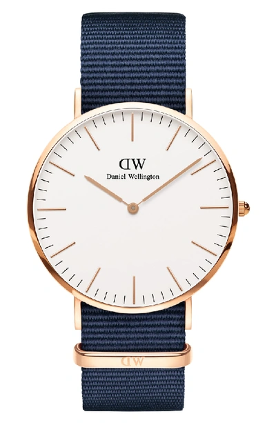 Shop Daniel Wellington Classic Nato Strap Watch, 40mm In Blue/ White/ Rose Gold