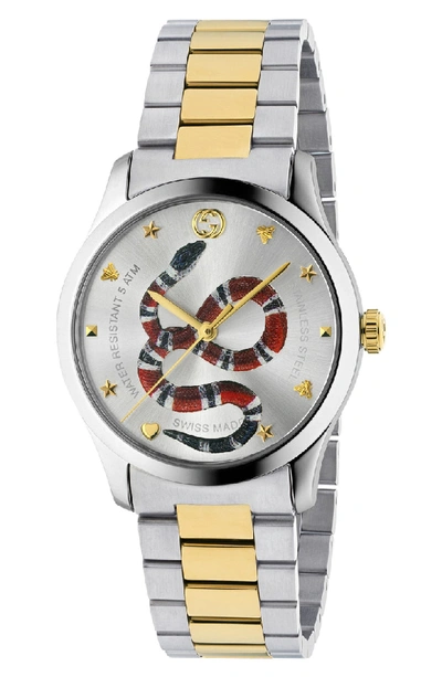 Shop Gucci G-timeless Bracelet Watch, 38mm In Silver/ Gold