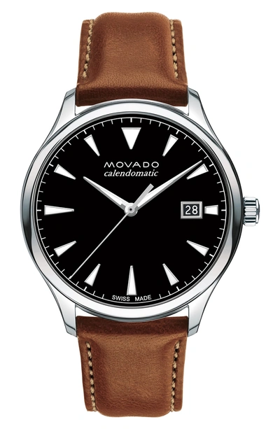 Shop Movado Heritage Leather Strap Watch, 40mm In Cognac/ Black/ Silver