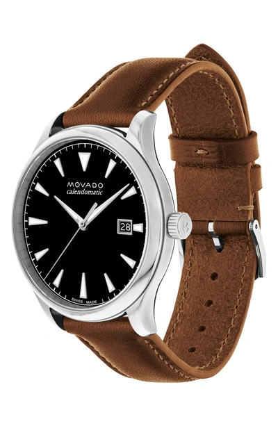 Shop Movado Heritage Leather Strap Watch, 40mm In Cognac/ Black/ Silver