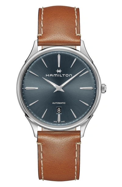 Shop Hamilton Jazzmaster Thinline Automatic Leather Strap Watch, 40mm In Brown/ Blue/ Silver