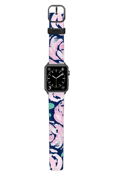 Shop Casetify Pink Peonies Saffiano Faux Leather Apple Watch Strap In Pink/ Black