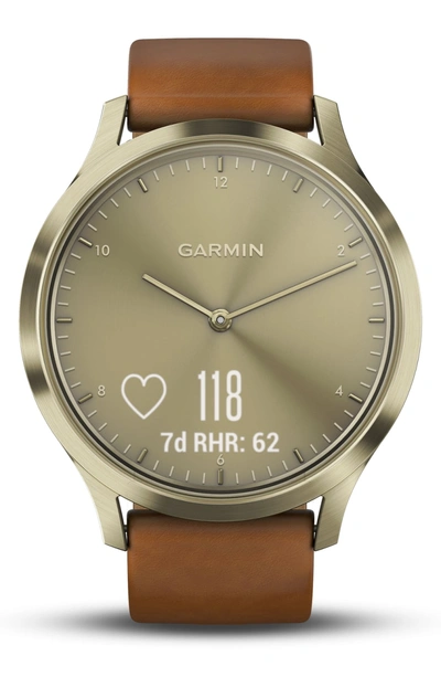 Shop Garmin Vivomove Hr Hybrid Smart Watch, 43mm In Light Brown/ Gold/ Gold