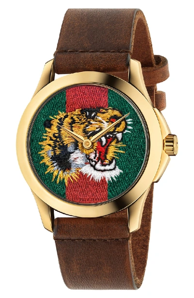 Shop Gucci Tiger Leather Strap Watch, 38mm In Brown