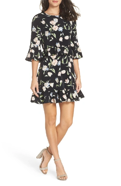 Shop Avec Les Filles Floral Bell Sleeve Dress In Black Multi