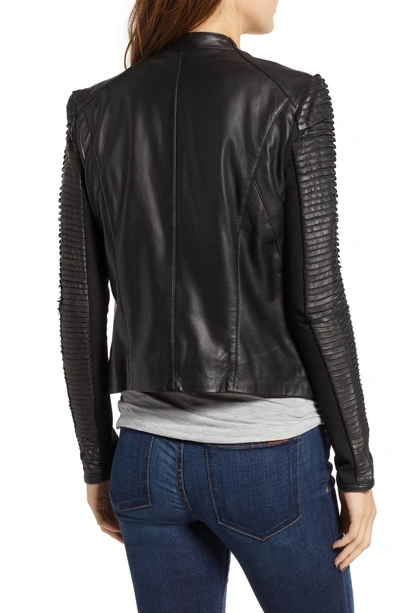 Shop Lamarque Collarless Pleated Sleeve Leather Jacket In Black