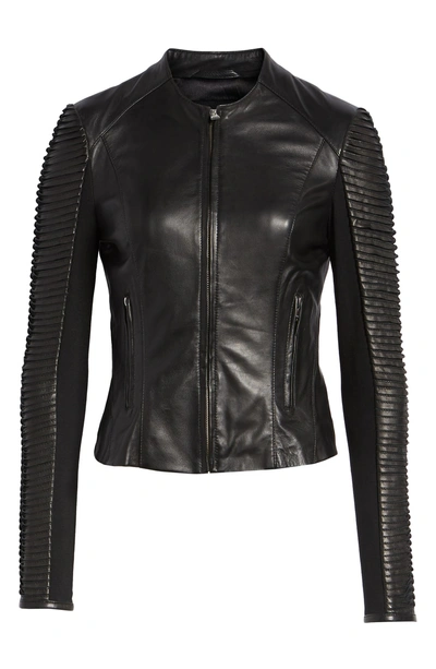 Shop Lamarque Collarless Pleated Sleeve Leather Jacket In Black