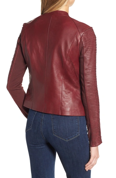 Shop Lamarque Collarless Pleated Sleeve Leather Jacket In Wine
