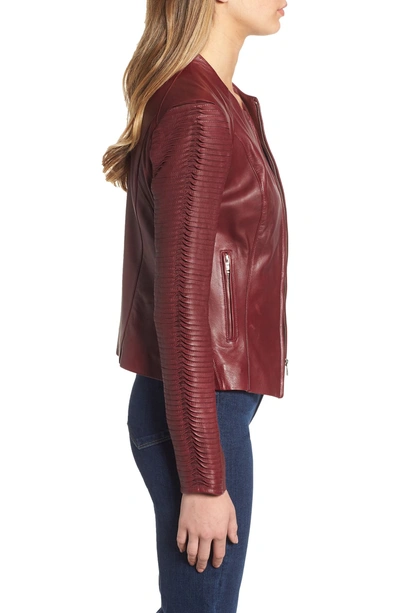 Shop Lamarque Collarless Pleated Sleeve Leather Jacket In Wine