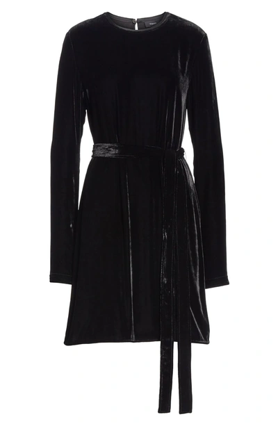 Shop Theory Belted Crinkled Velvet Dress In Black