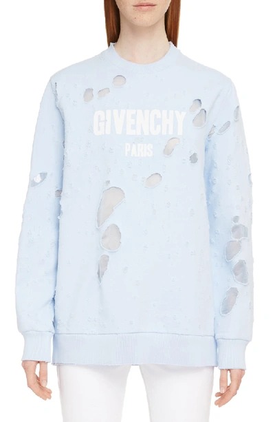 Shop Givenchy Destroyed Logo Sweater In Baby Blue