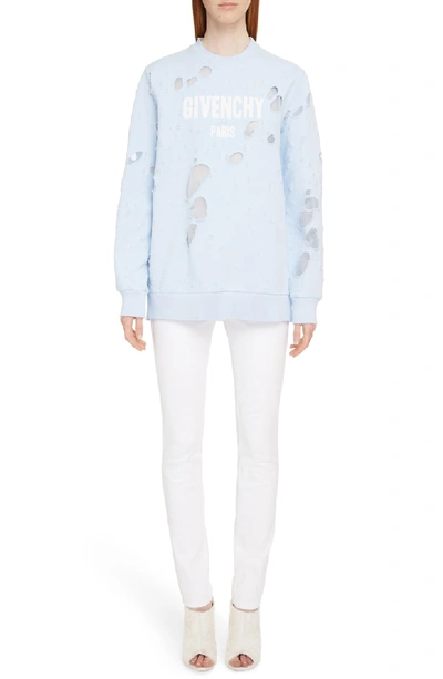 Shop Givenchy Destroyed Logo Sweater In Baby Blue