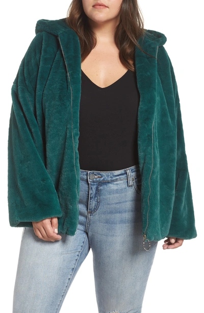 Shop Glamorous Faux Fur Zip Front Hooded Jacket In Green