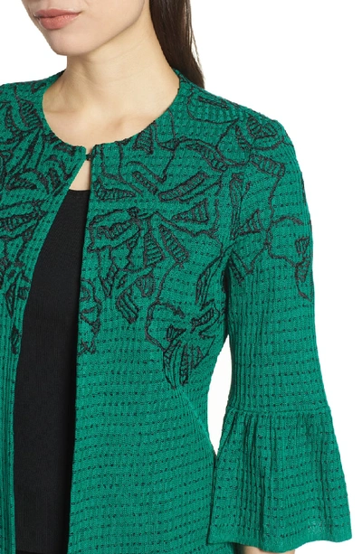 Shop Ming Wang Embroidered Bell Sleeve Sweater Jacket In Pine/ Black