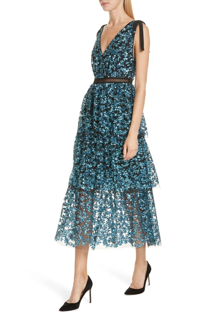 Shop Self-portrait Tiered Sequined Midi Dress In Blue