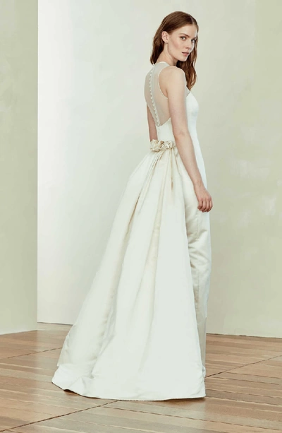 Shop Amsale Silk Pencil Gown With Bustle In Champagne