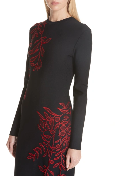Shop Oscar De La Renta Floral Intarsia Dress In Black/ Red