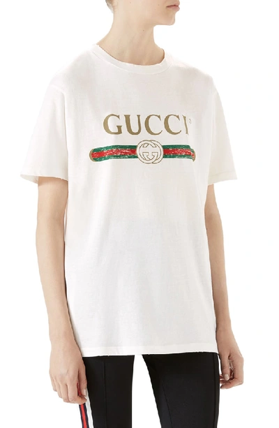 Shop Gucci Logo Oversize Cotton Graphic Tee In Milk Print