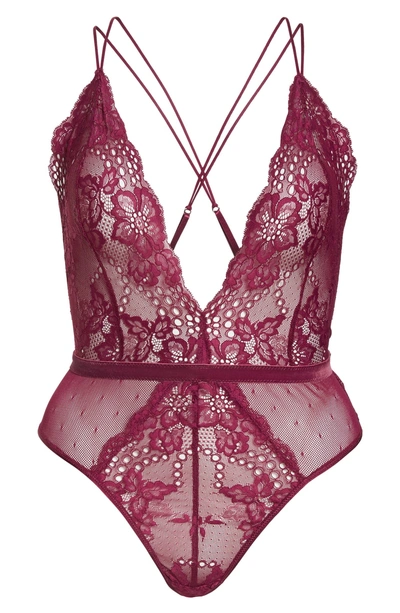 Shop In Bloom By Jonquil Balance Lace Thong Teddy In Burgundy