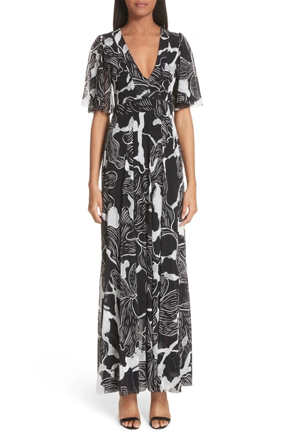 Shop Fuzzi Deco Floral Print Tulle Flutter Sleeve Maxi Dress In Nero