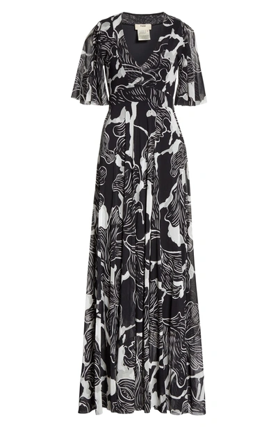Shop Fuzzi Deco Floral Print Tulle Flutter Sleeve Maxi Dress In Nero