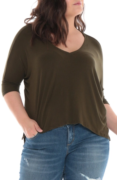 Slink Jeans Ribbed V-neck Top In Dark Olive