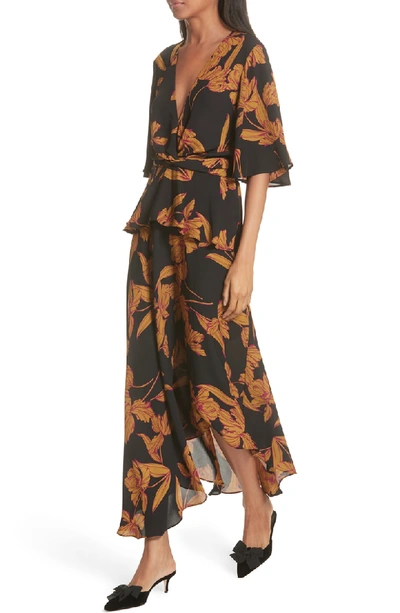 Shop A.l.c Avi Print Silk Midi Dress In Black/ Ochre