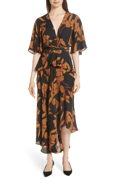 Shop A.l.c Avi Print Silk Midi Dress In Black/ Ochre