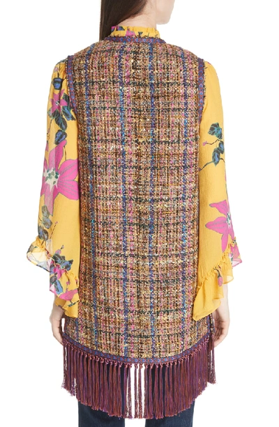 Shop Etro Fringe Trim Tweed Vest In Purple Multi