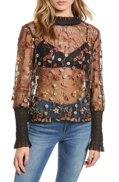 Endless Rose Embroidered Mesh Top In Black