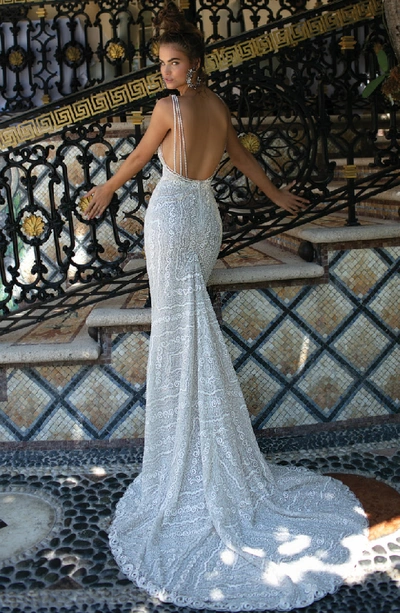 Shop Berta Beaded Strap Embroidered Trumpet Gown In Ivory