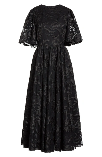 Shop Co Flutter Sleeve Floral Applique Midi Dress In Black