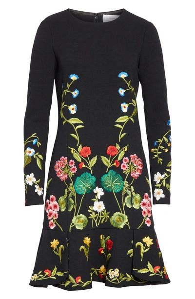 Shop Oscar De La Renta Garden Embroidery Ruffle Hem Stretch Wool Dress In Blm-black Multi
