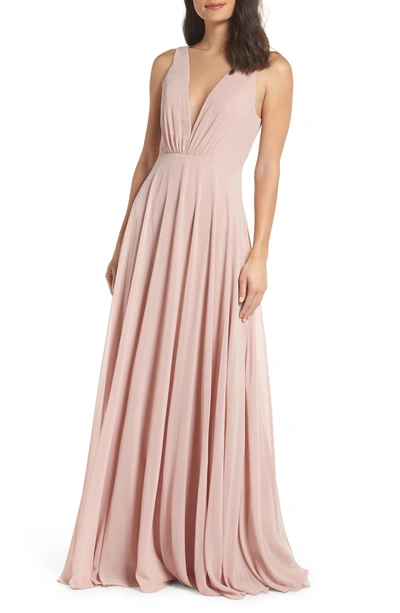 Shop Jenny Yoo Ryan Illusion Neck Chiffon Gown In Whipped Apricot