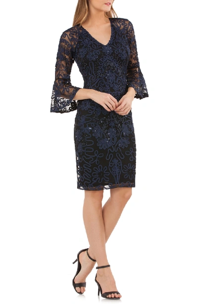 Shop Js Collections Bell Sleeve Bead & Soutache Cocktail Dress In Navy