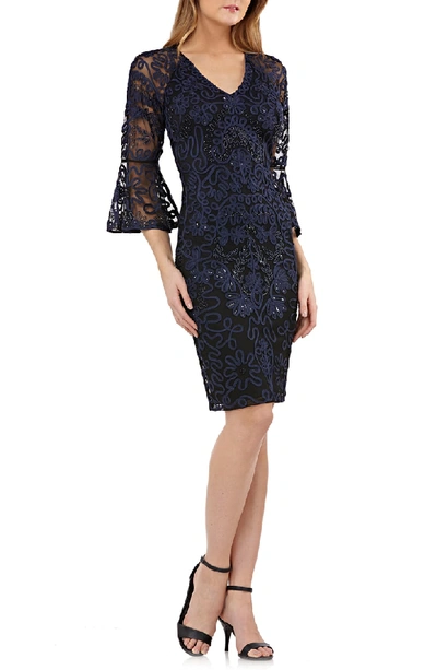 Shop Js Collections Bell Sleeve Bead & Soutache Cocktail Dress In Navy