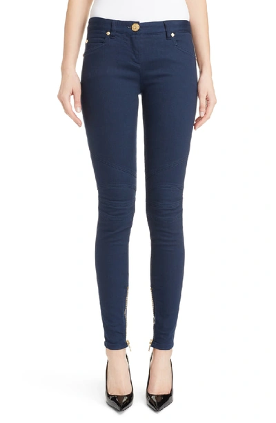 Shop Balmain Skinny Moto Jeans In Dark Blue