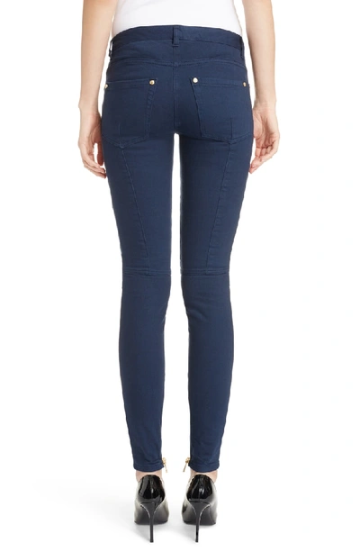 Shop Balmain Skinny Moto Jeans In Dark Blue