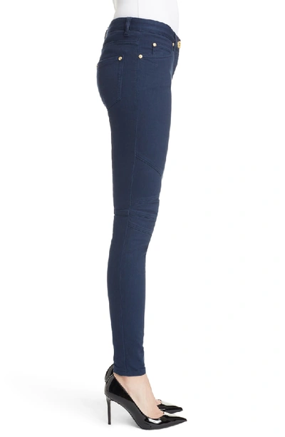 Shop Balmain Skinny Moto Jeans In Dark Blue