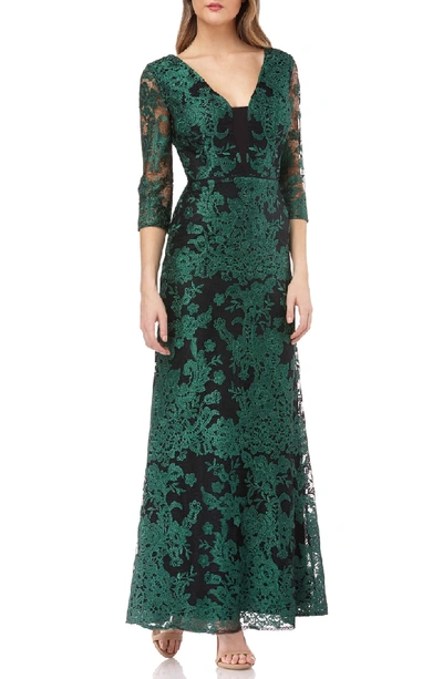 Shop Js Collections Embroidered Lace Gown In Green/ Black
