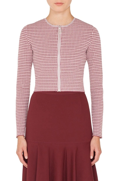 Shop Akris Punto Houndstooth Bolero Zip Cardigan In Blush Rose/ Burgundy