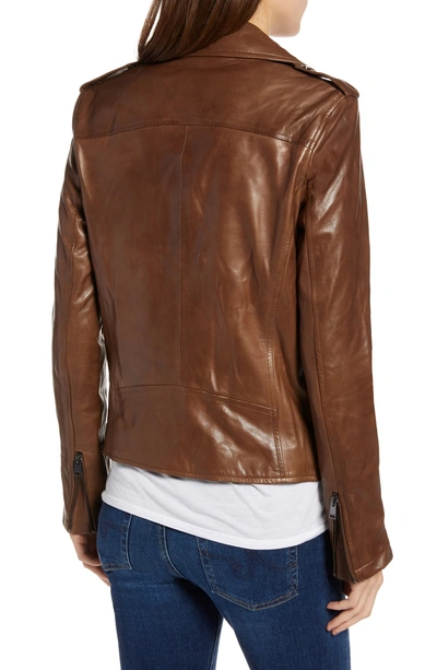 Shop Lamarque Belted Leather Biker Jacket In Dark Sand