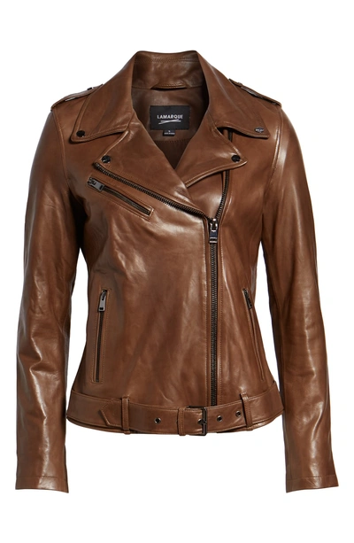 Shop Lamarque Belted Leather Biker Jacket In Dark Sand