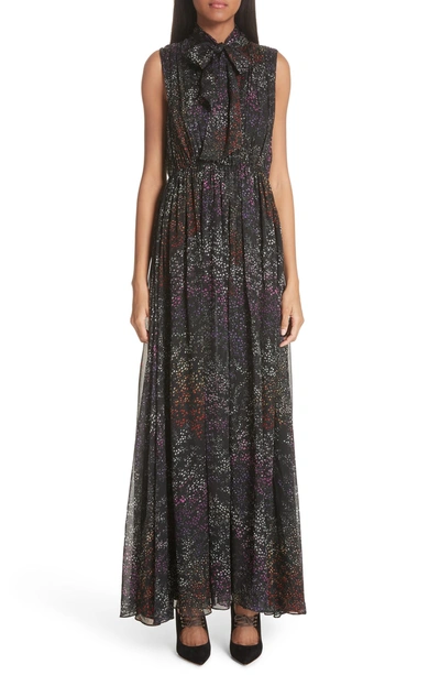 Shop Co Floral Print Tie Neck Silk Dress In Black/ Multi