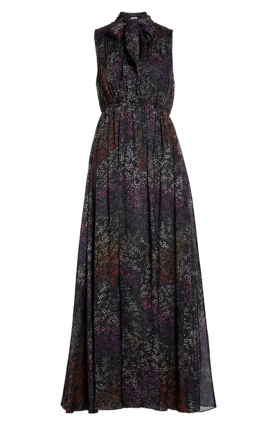 Shop Co Floral Print Tie Neck Silk Dress In Black/ Multi