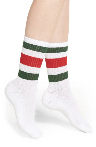 Shop Gucci Little William Stripe Crew Socks In White/ Dark Green